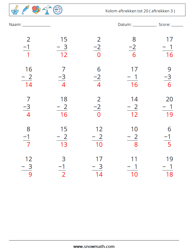 (25) Kolom aftrekken tot 20 ( aftrekken 3 ) Wiskundige werkbladen 16 Vraag, Antwoord