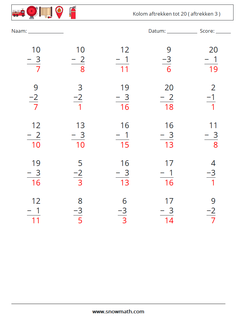 (25) Kolom aftrekken tot 20 ( aftrekken 3 ) Wiskundige werkbladen 17 Vraag, Antwoord