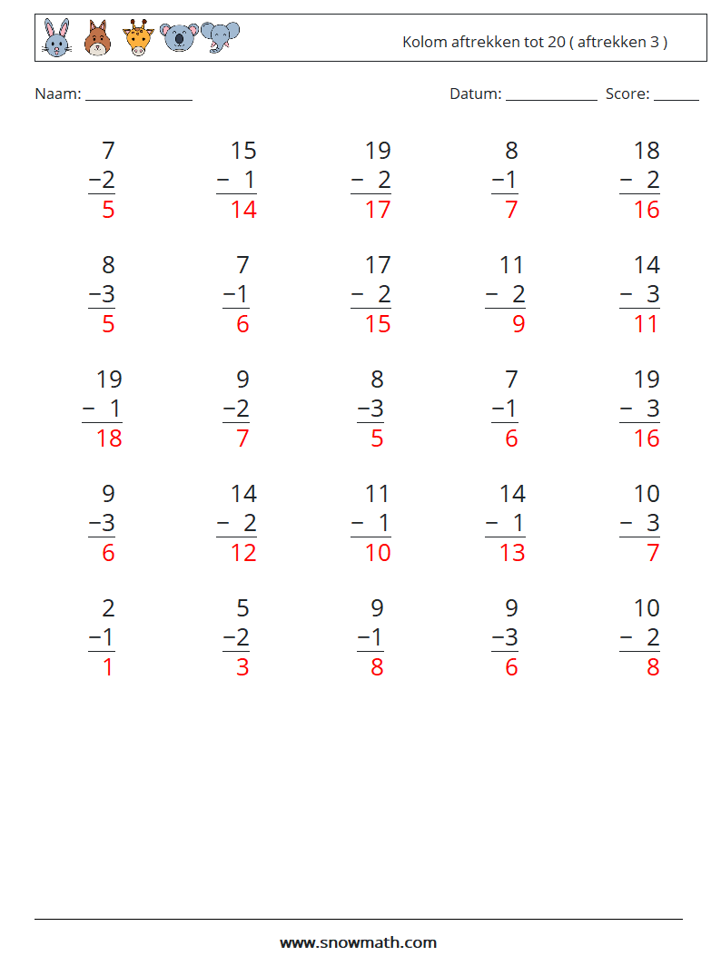 (25) Kolom aftrekken tot 20 ( aftrekken 3 ) Wiskundige werkbladen 18 Vraag, Antwoord