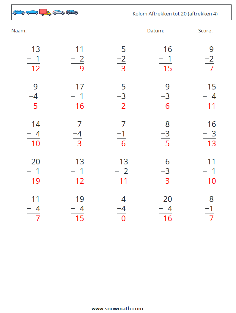 (25) Kolom Aftrekken tot 20 (aftrekken 4) Wiskundige werkbladen 10 Vraag, Antwoord