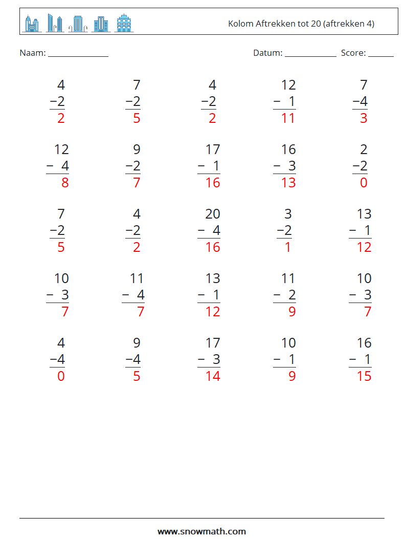 (25) Kolom Aftrekken tot 20 (aftrekken 4) Wiskundige werkbladen 11 Vraag, Antwoord