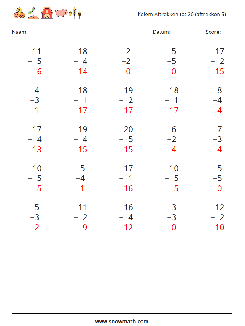 (25) Kolom Aftrekken tot 20 (aftrekken 5) Wiskundige werkbladen 13 Vraag, Antwoord