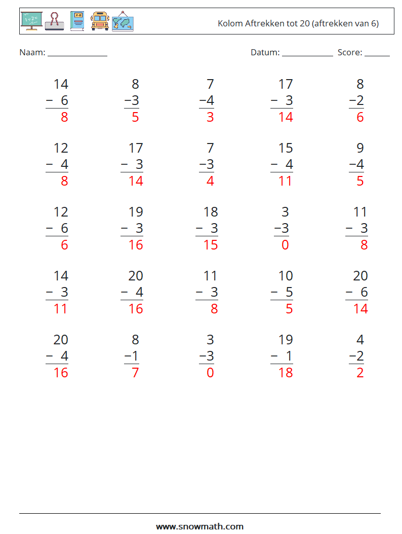 (25) Kolom Aftrekken tot 20 (aftrekken van 6) Wiskundige werkbladen 11 Vraag, Antwoord