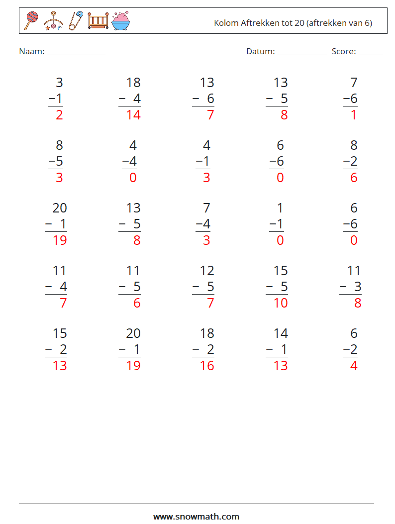 (25) Kolom Aftrekken tot 20 (aftrekken van 6) Wiskundige werkbladen 12 Vraag, Antwoord