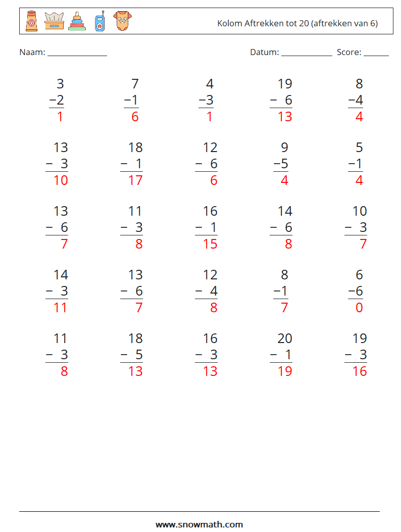 (25) Kolom Aftrekken tot 20 (aftrekken van 6) Wiskundige werkbladen 14 Vraag, Antwoord