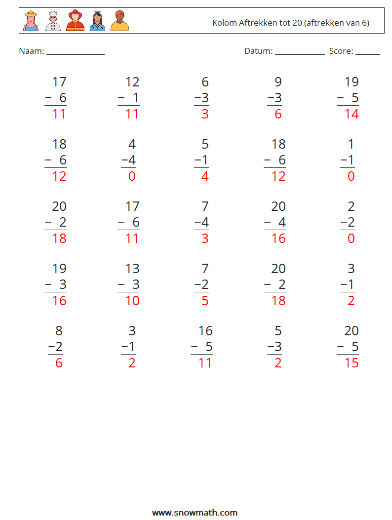 (25) Kolom Aftrekken tot 20 (aftrekken van 6) Wiskundige werkbladen 15 Vraag, Antwoord