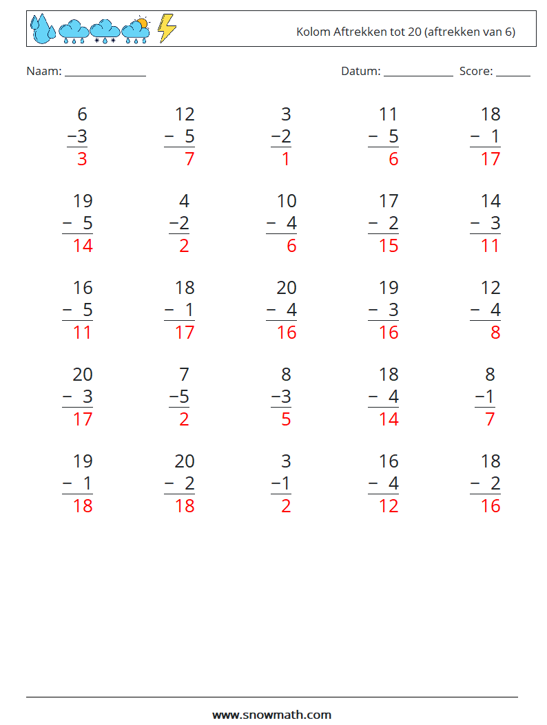 (25) Kolom Aftrekken tot 20 (aftrekken van 6) Wiskundige werkbladen 18 Vraag, Antwoord