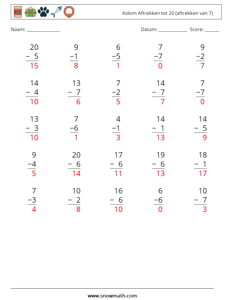 (25) Kolom Aftrekken tot 20 (aftrekken van 7) Wiskundige werkbladen 14 Vraag, Antwoord