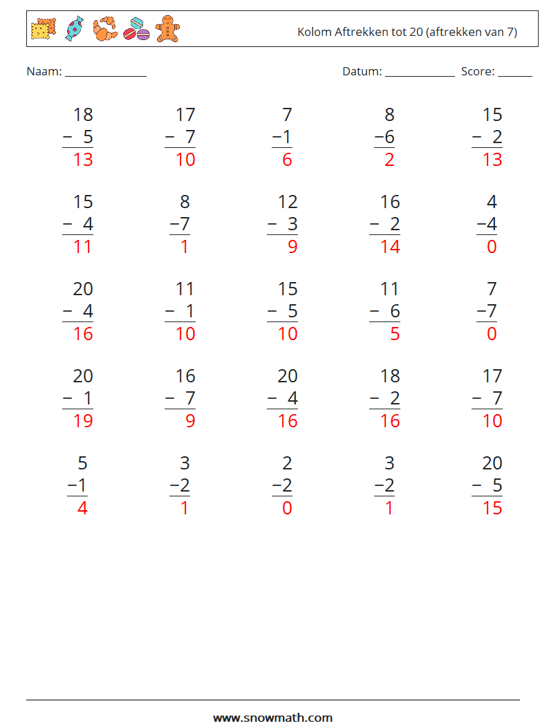 (25) Kolom Aftrekken tot 20 (aftrekken van 7) Wiskundige werkbladen 18 Vraag, Antwoord