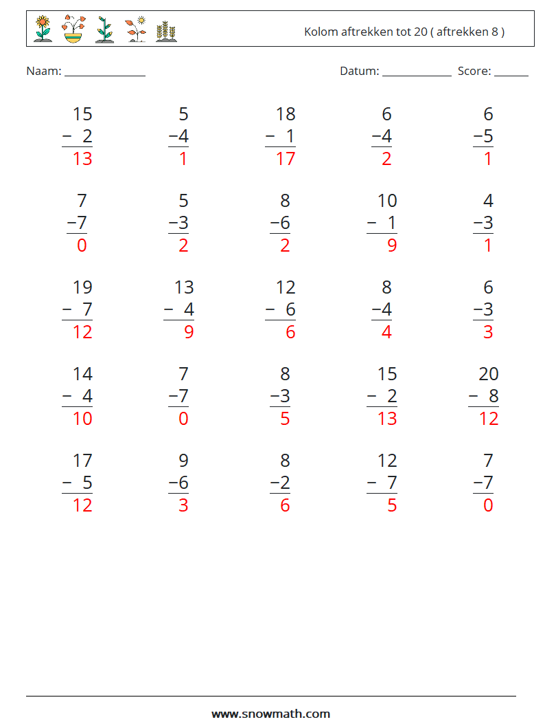 (25) Kolom aftrekken tot 20 ( aftrekken 8 ) Wiskundige werkbladen 10 Vraag, Antwoord