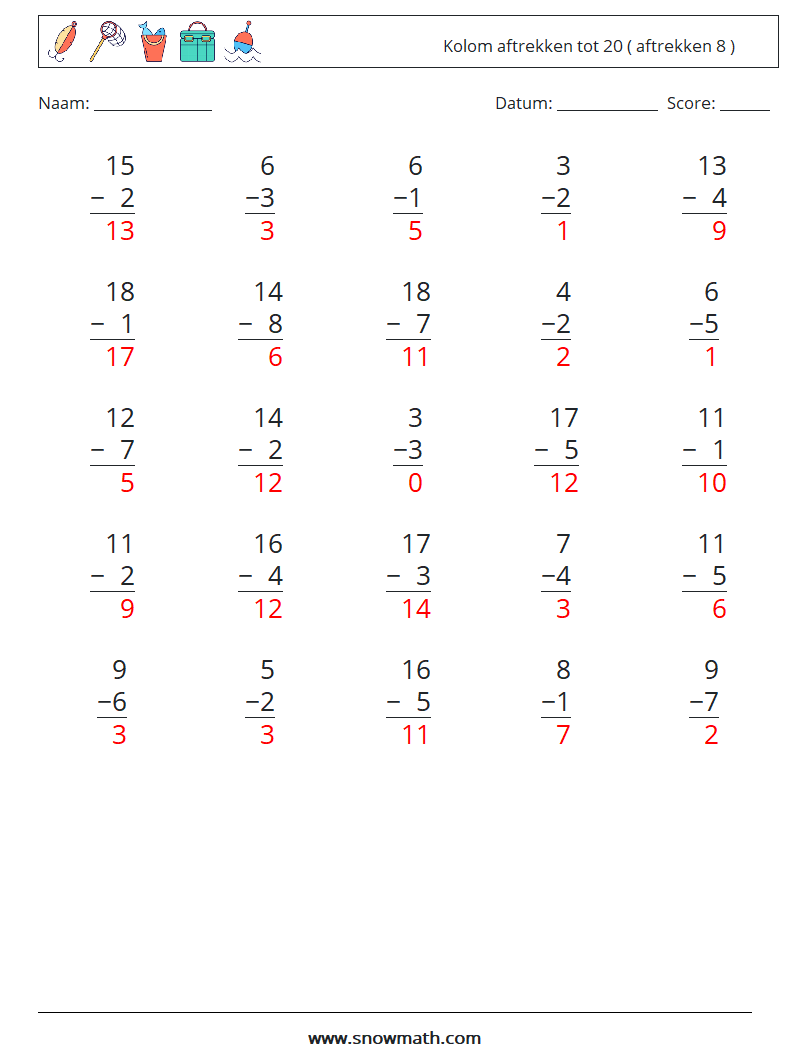 (25) Kolom aftrekken tot 20 ( aftrekken 8 ) Wiskundige werkbladen 11 Vraag, Antwoord