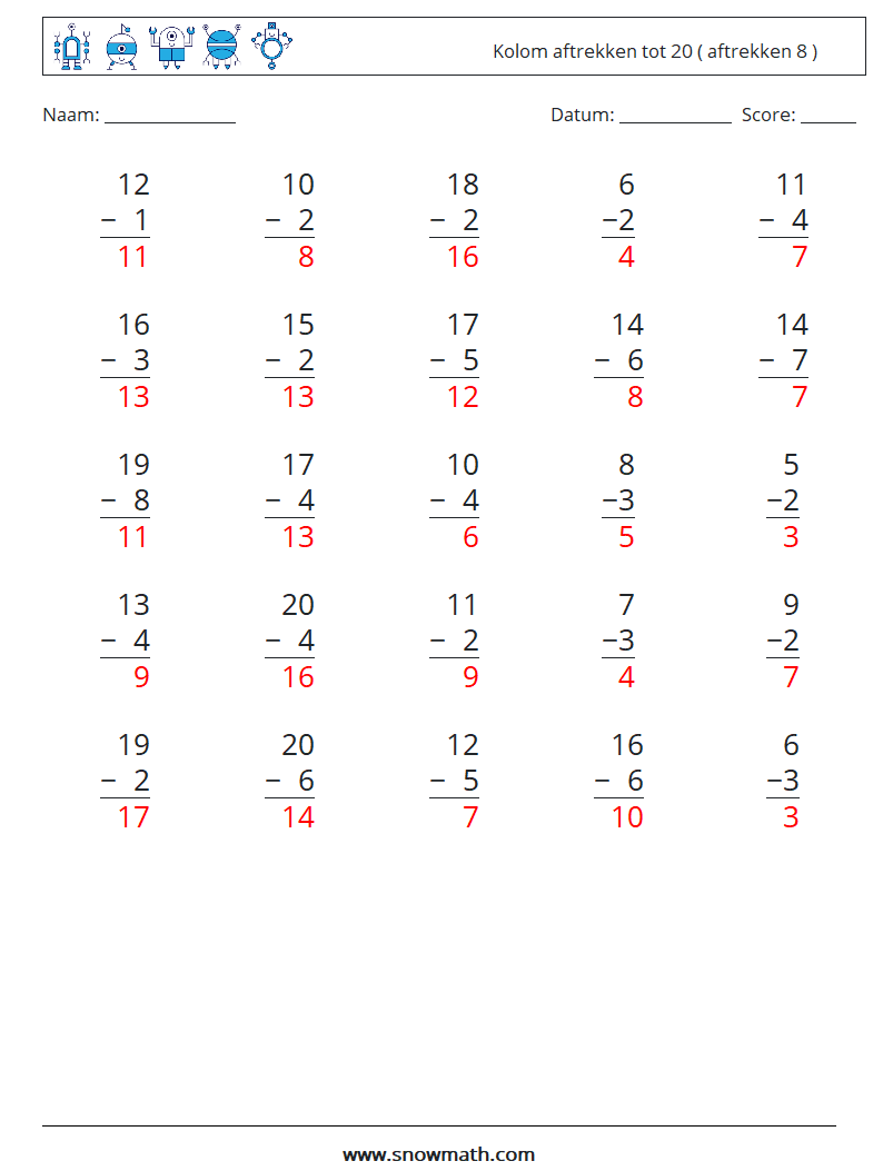 (25) Kolom aftrekken tot 20 ( aftrekken 8 ) Wiskundige werkbladen 15 Vraag, Antwoord