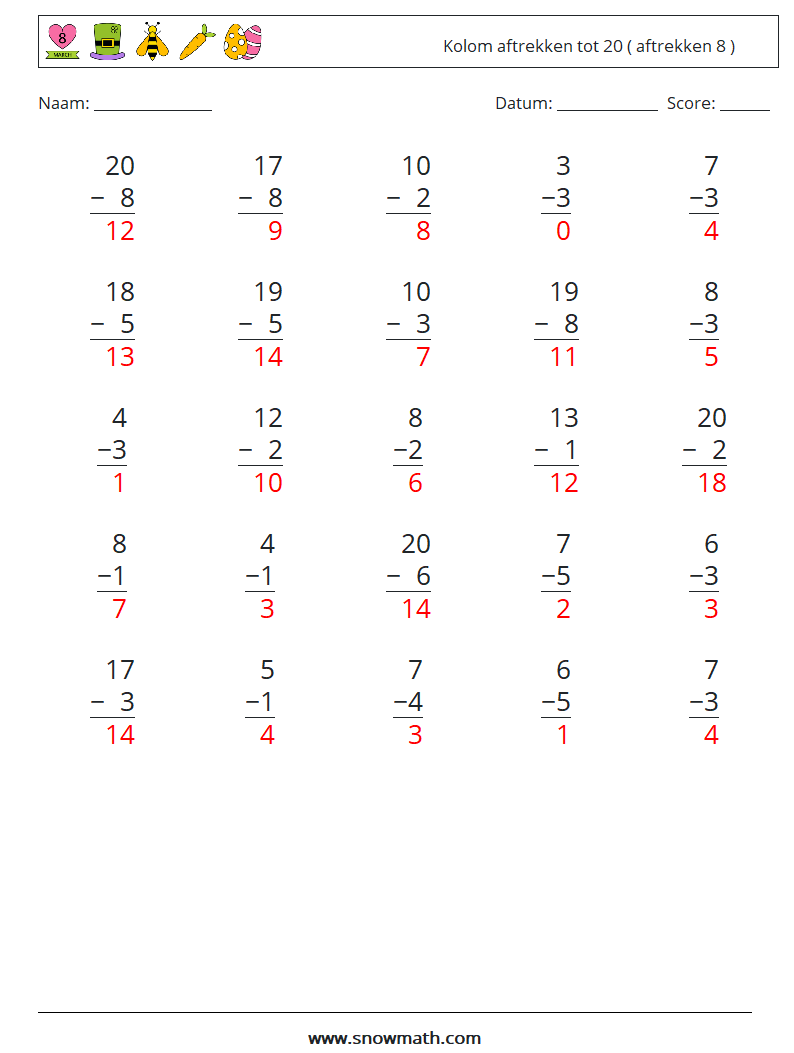 (25) Kolom aftrekken tot 20 ( aftrekken 8 ) Wiskundige werkbladen 16 Vraag, Antwoord