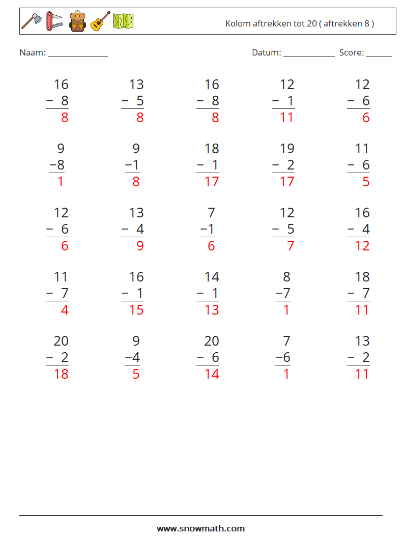 (25) Kolom aftrekken tot 20 ( aftrekken 8 ) Wiskundige werkbladen 17 Vraag, Antwoord