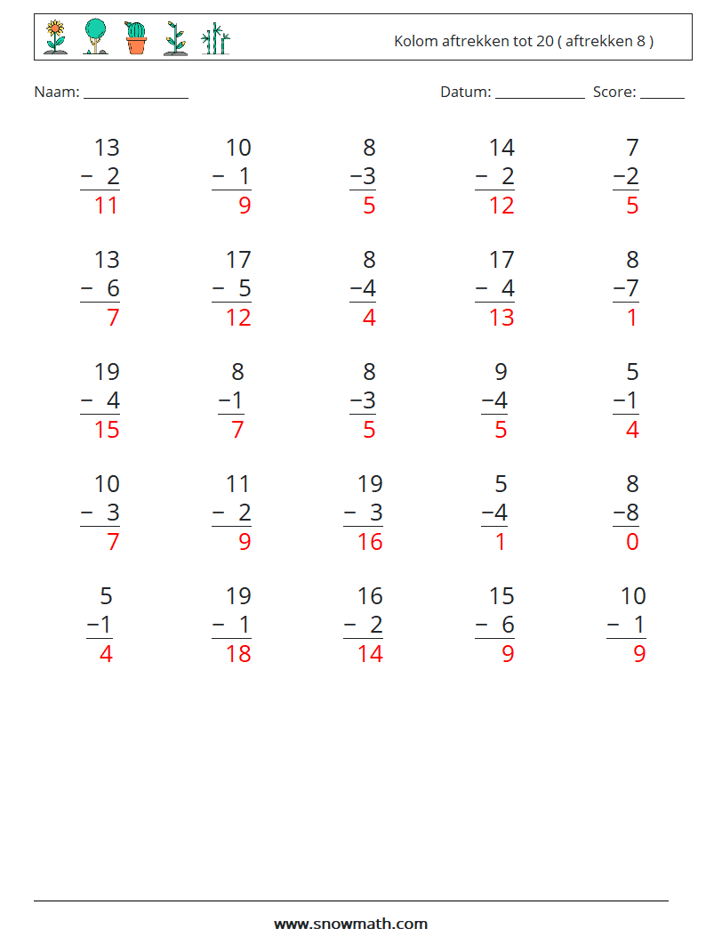 (25) Kolom aftrekken tot 20 ( aftrekken 8 ) Wiskundige werkbladen 18 Vraag, Antwoord