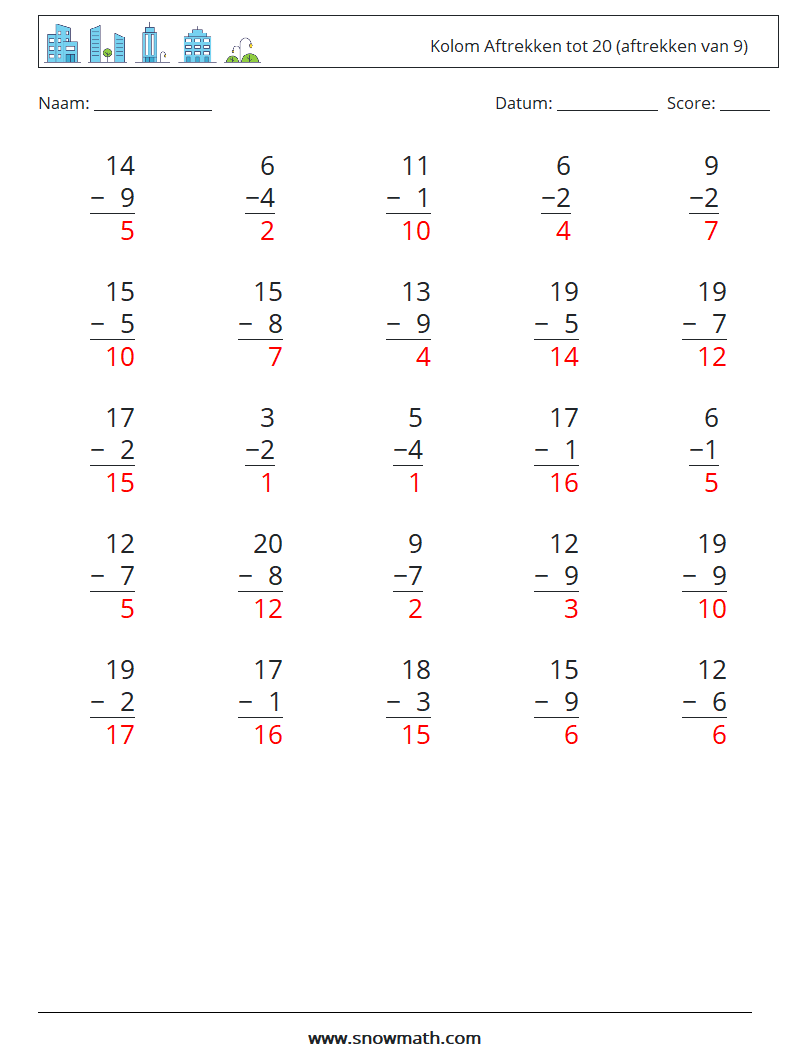 (25) Kolom Aftrekken tot 20 (aftrekken van 9) Wiskundige werkbladen 10 Vraag, Antwoord