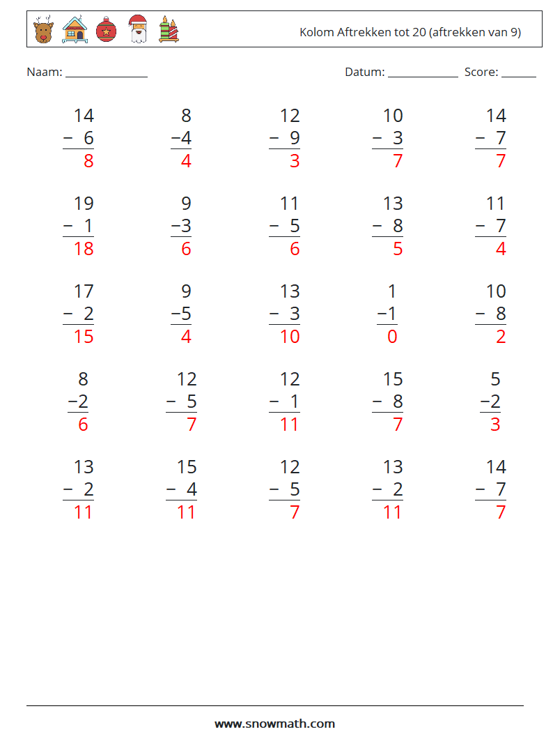 (25) Kolom Aftrekken tot 20 (aftrekken van 9) Wiskundige werkbladen 12 Vraag, Antwoord