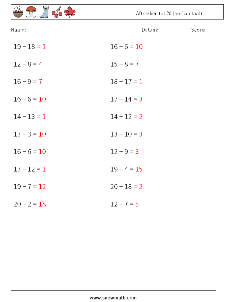 (20) Aftrekken tot 20 (horizontaal) Wiskundige werkbladen 1 Vraag, Antwoord