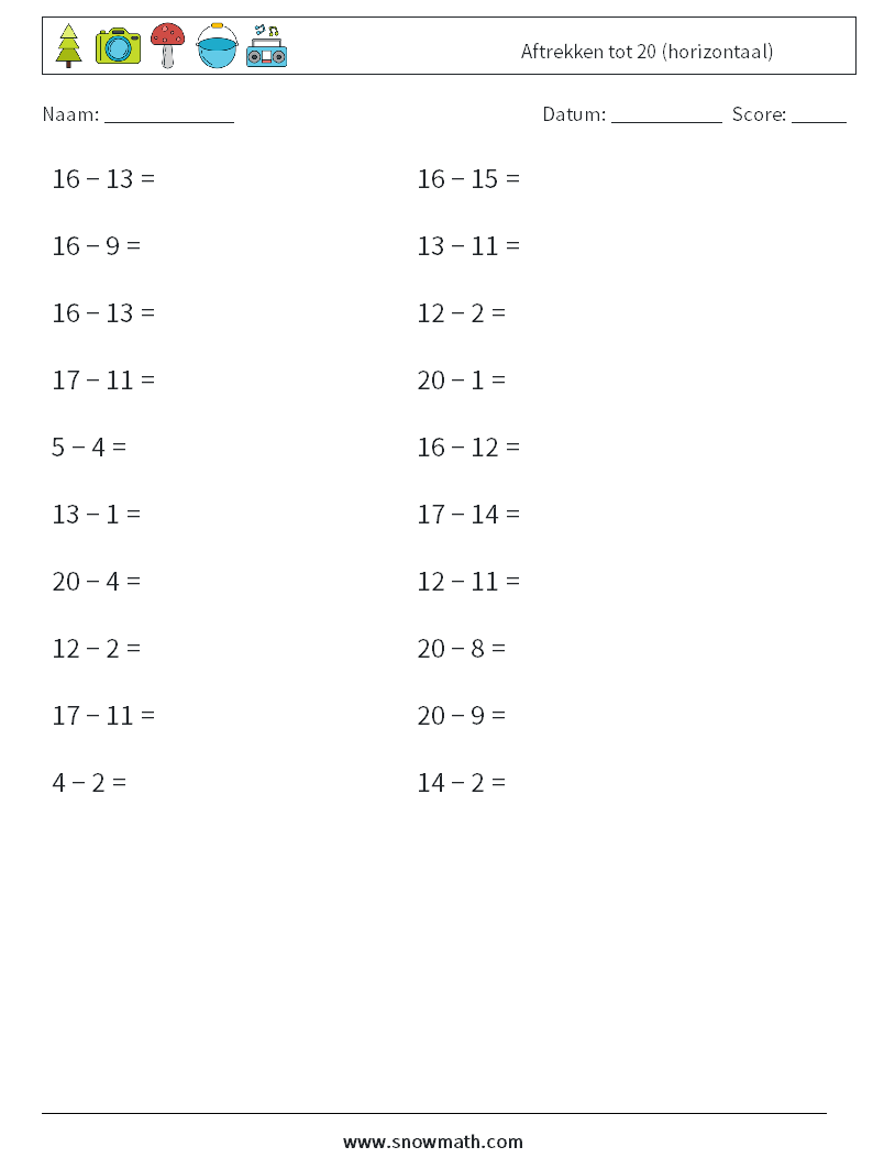 (20) Aftrekken tot 20 (horizontaal) Wiskundige werkbladen 2