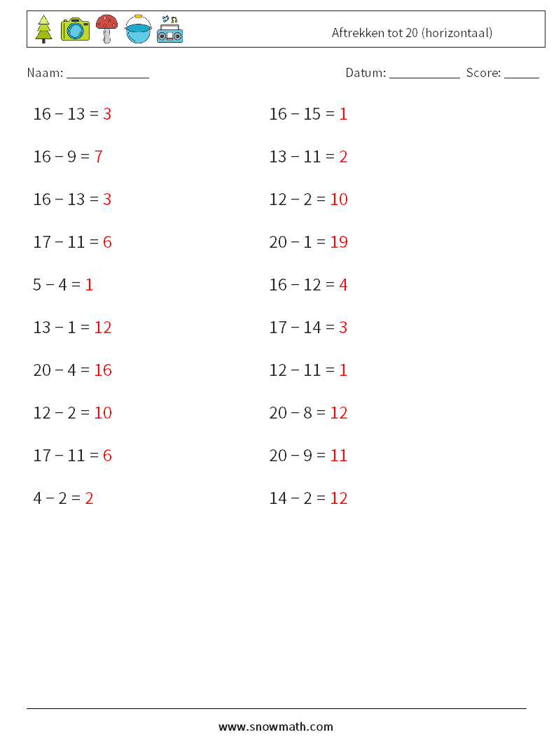 (20) Aftrekken tot 20 (horizontaal) Wiskundige werkbladen 2 Vraag, Antwoord