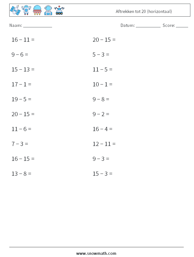 (20) Aftrekken tot 20 (horizontaal) Wiskundige werkbladen 3