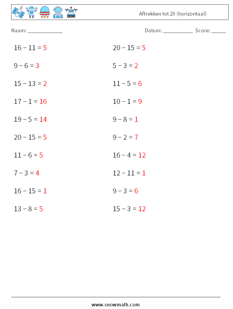 (20) Aftrekken tot 20 (horizontaal) Wiskundige werkbladen 3 Vraag, Antwoord
