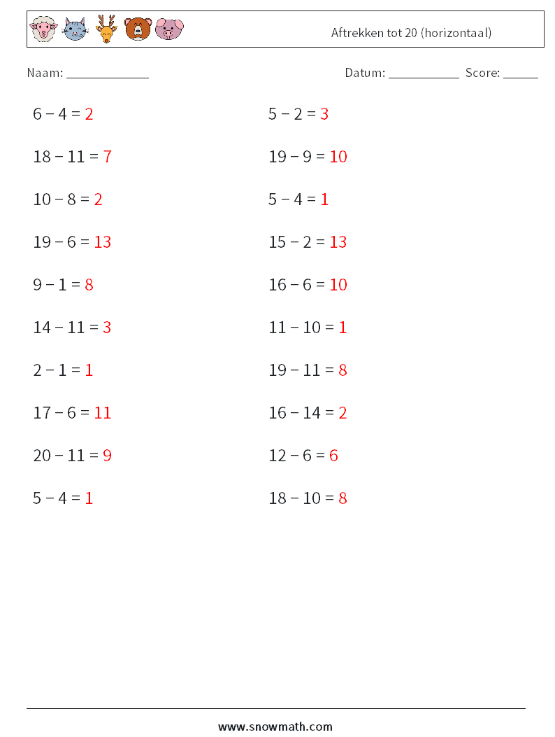 (20) Aftrekken tot 20 (horizontaal) Wiskundige werkbladen 4 Vraag, Antwoord