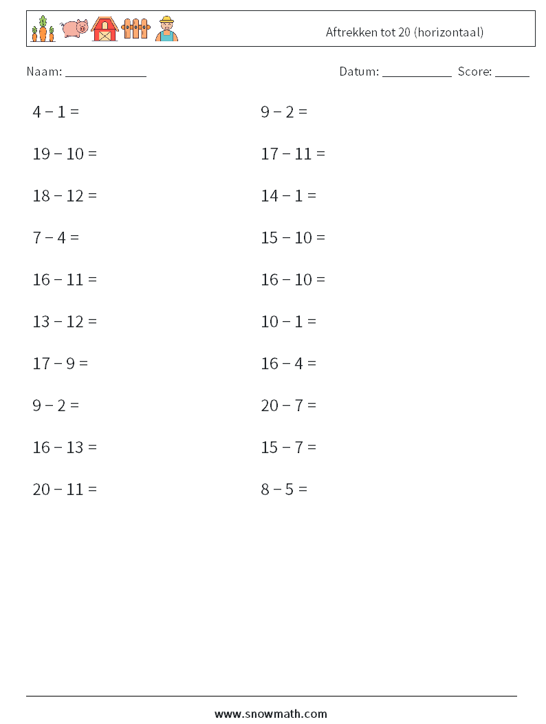 (20) Aftrekken tot 20 (horizontaal) Wiskundige werkbladen 5