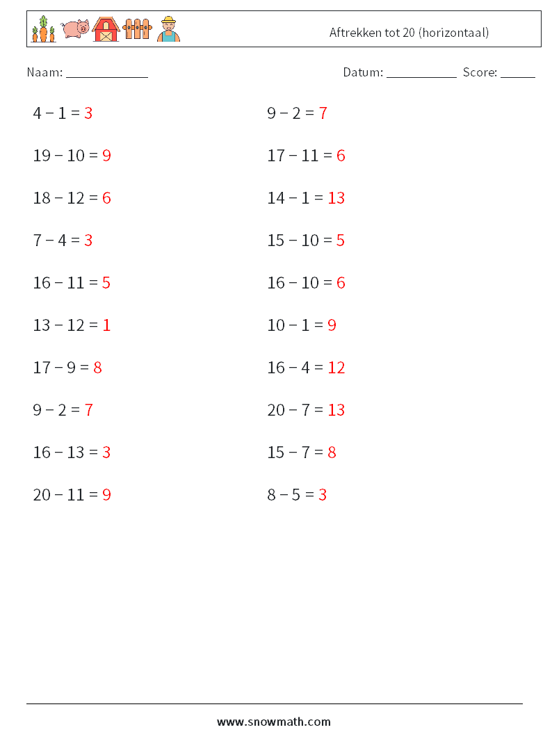 (20) Aftrekken tot 20 (horizontaal) Wiskundige werkbladen 5 Vraag, Antwoord