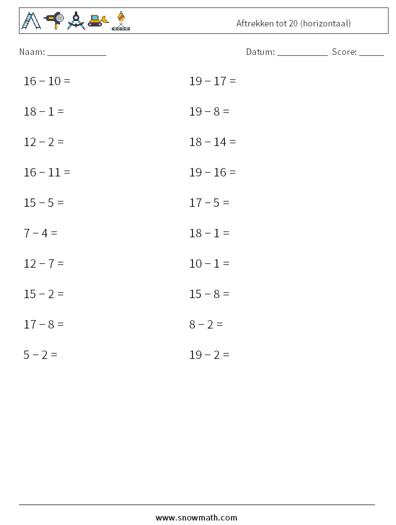 (20) Aftrekken tot 20 (horizontaal) Wiskundige werkbladen 6