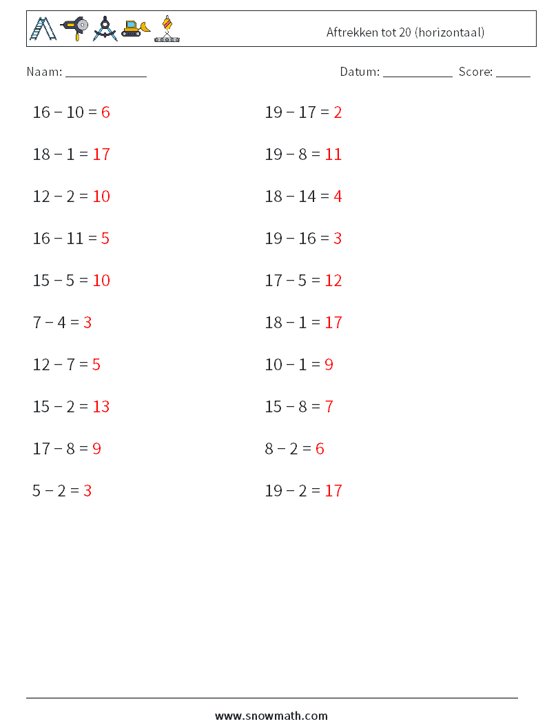 (20) Aftrekken tot 20 (horizontaal) Wiskundige werkbladen 6 Vraag, Antwoord