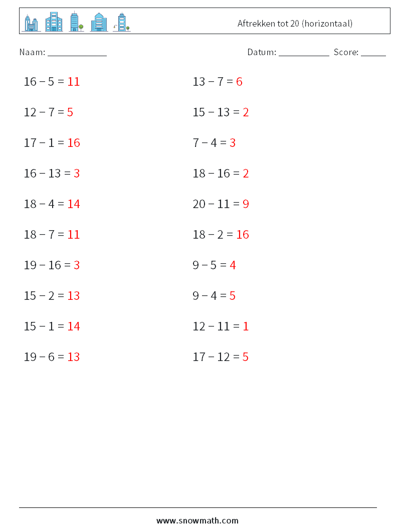 (20) Aftrekken tot 20 (horizontaal) Wiskundige werkbladen 8 Vraag, Antwoord