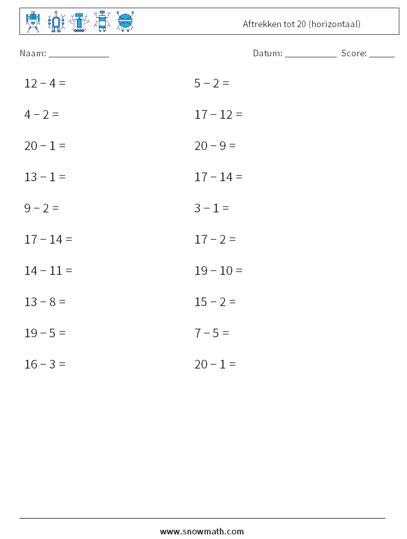 (20) Aftrekken tot 20 (horizontaal) Wiskundige werkbladen 9