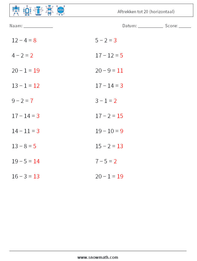 (20) Aftrekken tot 20 (horizontaal) Wiskundige werkbladen 9 Vraag, Antwoord