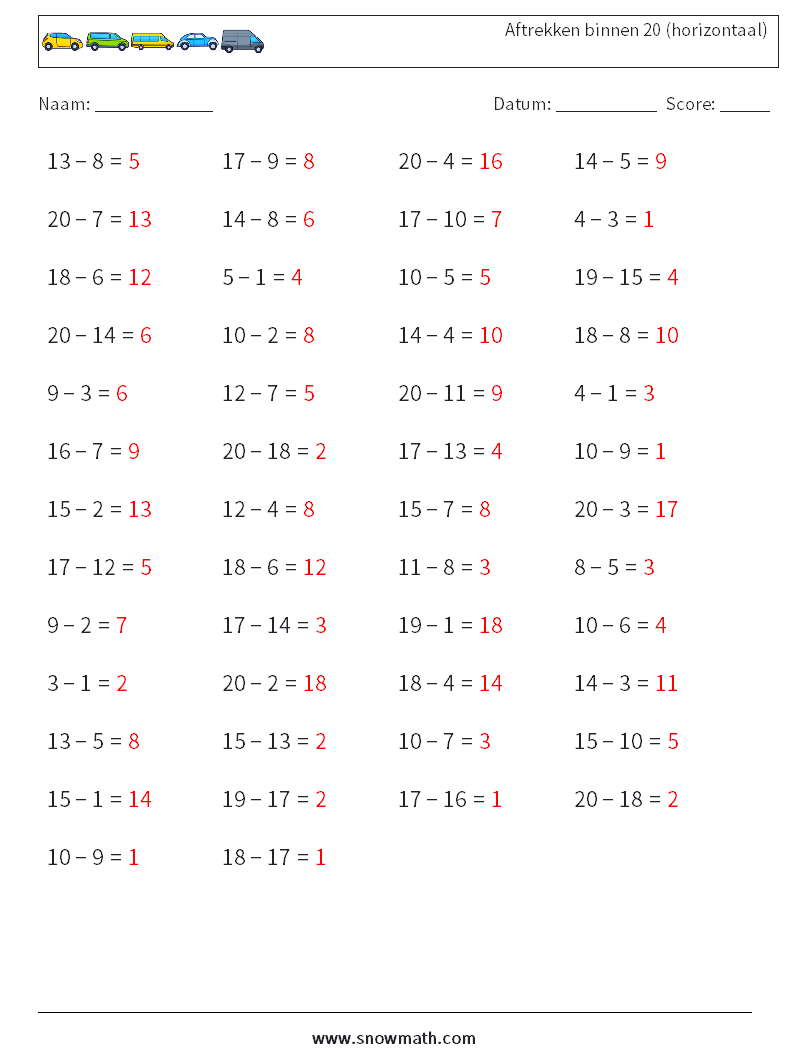 (50) Aftrekken binnen 20 (horizontaal) Wiskundige werkbladen 1 Vraag, Antwoord