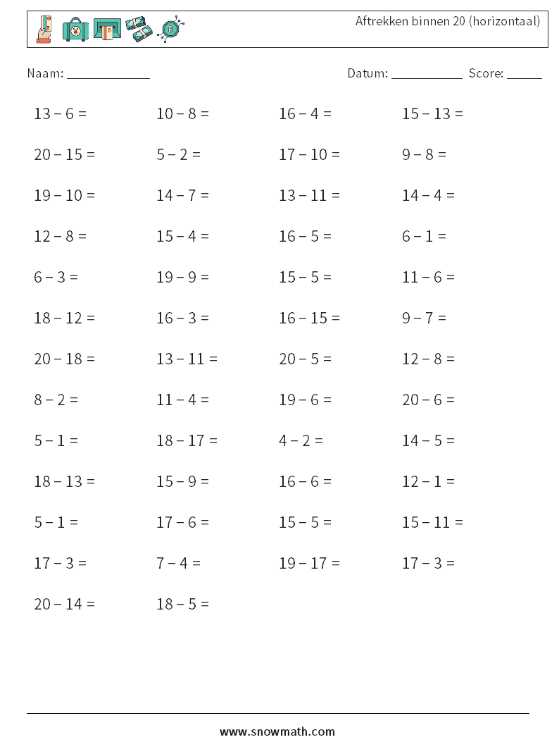 (50) Aftrekken binnen 20 (horizontaal) Wiskundige werkbladen 2
