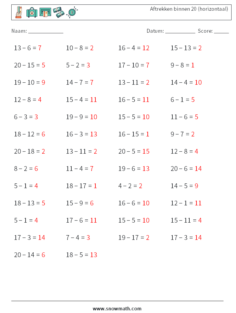 (50) Aftrekken binnen 20 (horizontaal) Wiskundige werkbladen 2 Vraag, Antwoord