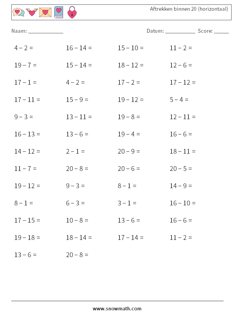 (50) Aftrekken binnen 20 (horizontaal) Wiskundige werkbladen 3