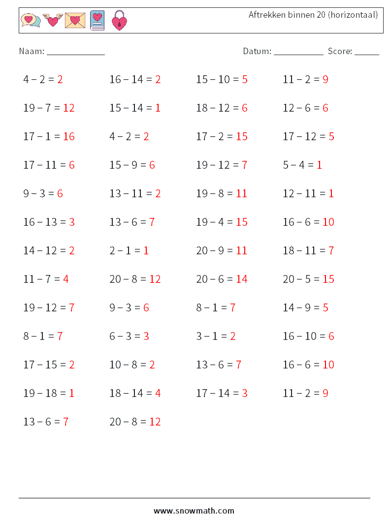 (50) Aftrekken binnen 20 (horizontaal) Wiskundige werkbladen 3 Vraag, Antwoord