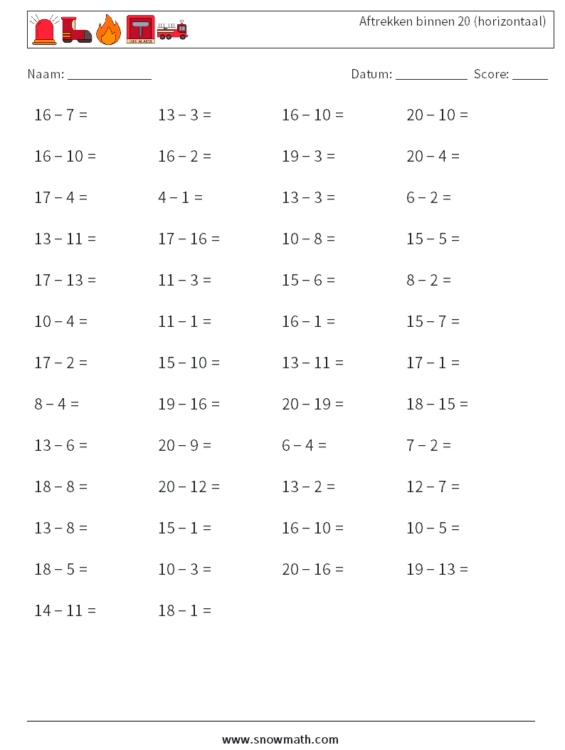 (50) Aftrekken binnen 20 (horizontaal) Wiskundige werkbladen 4