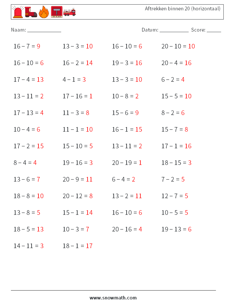 (50) Aftrekken binnen 20 (horizontaal) Wiskundige werkbladen 4 Vraag, Antwoord