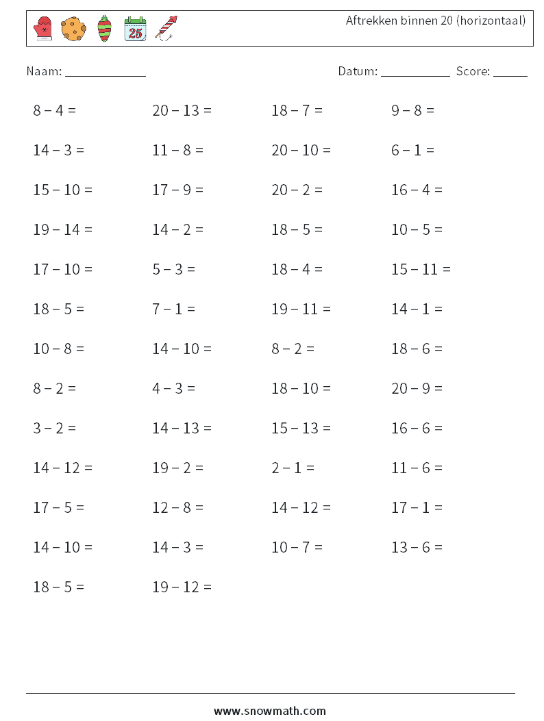 (50) Aftrekken binnen 20 (horizontaal) Wiskundige werkbladen 5