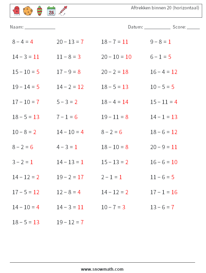 (50) Aftrekken binnen 20 (horizontaal) Wiskundige werkbladen 5 Vraag, Antwoord