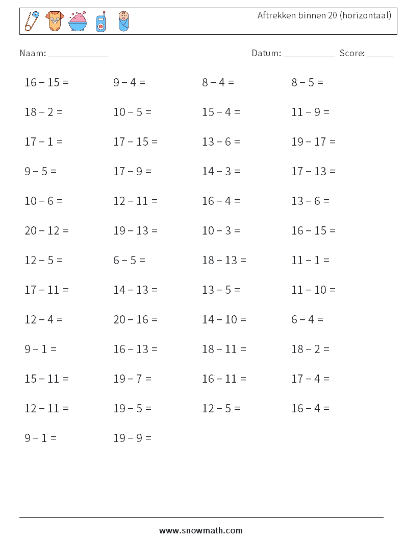 (50) Aftrekken binnen 20 (horizontaal) Wiskundige werkbladen 6