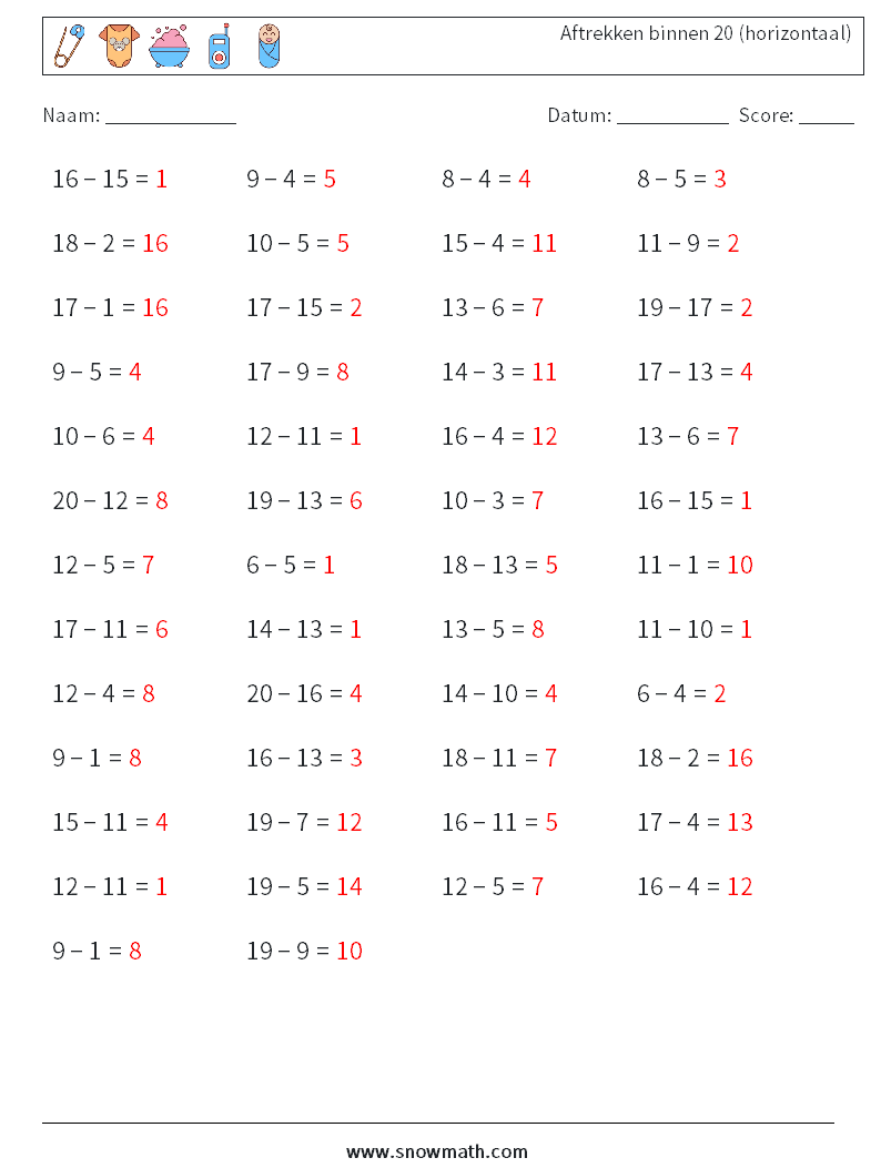 (50) Aftrekken binnen 20 (horizontaal) Wiskundige werkbladen 6 Vraag, Antwoord