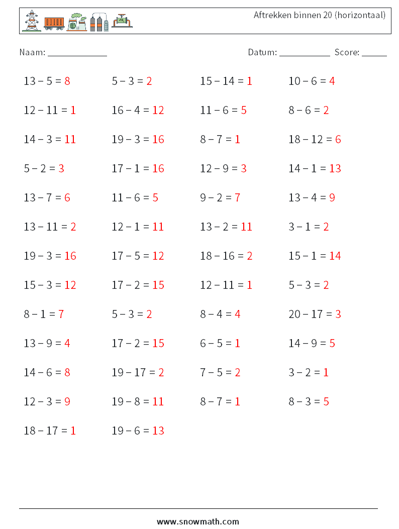 (50) Aftrekken binnen 20 (horizontaal) Wiskundige werkbladen 7 Vraag, Antwoord