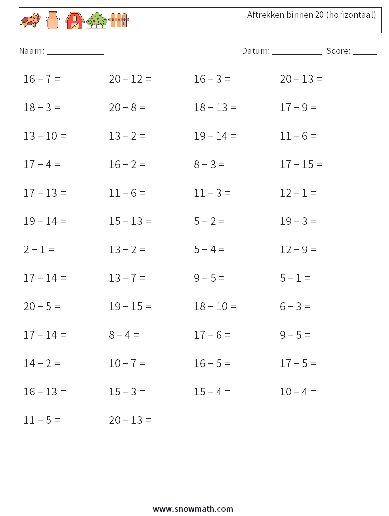 (50) Aftrekken binnen 20 (horizontaal) Wiskundige werkbladen 8