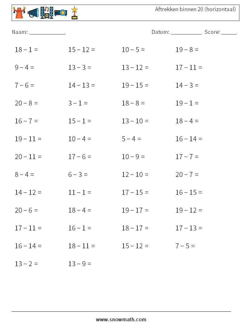 (50) Aftrekken binnen 20 (horizontaal) Wiskundige werkbladen 9