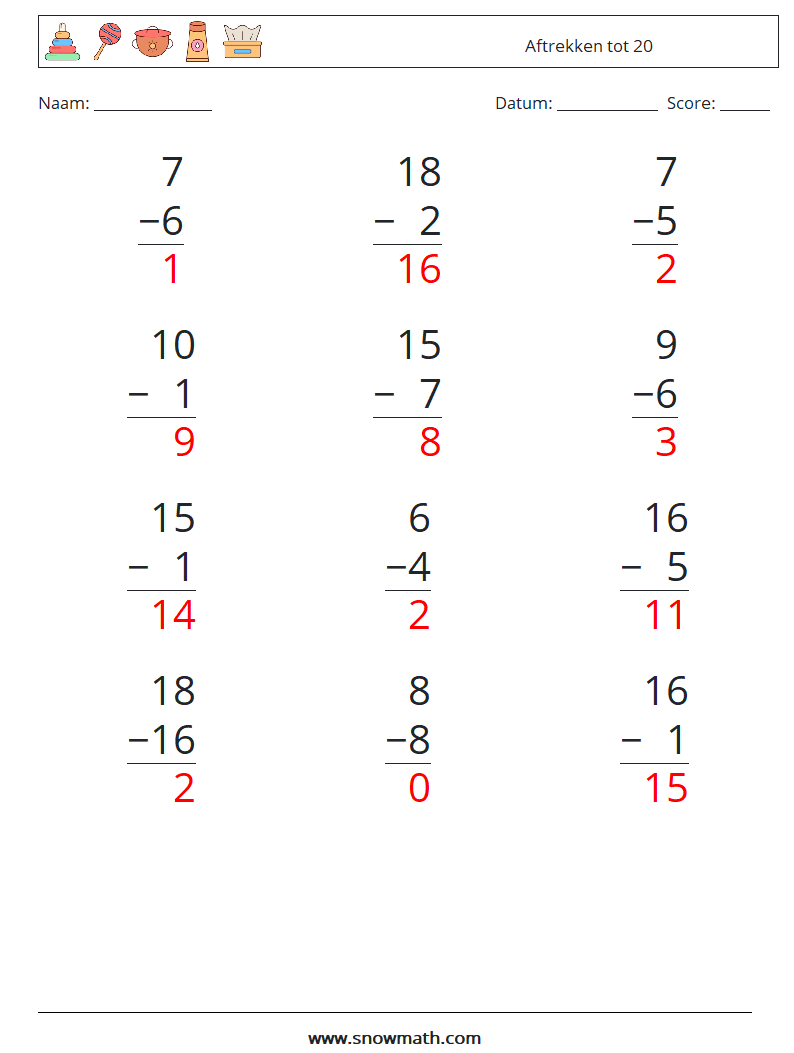 (12) Aftrekken tot 20 Wiskundige werkbladen 11 Vraag, Antwoord