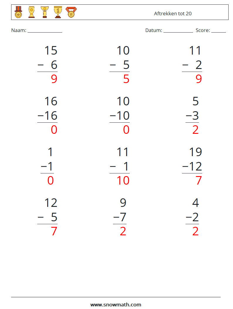 (12) Aftrekken tot 20 Wiskundige werkbladen 14 Vraag, Antwoord